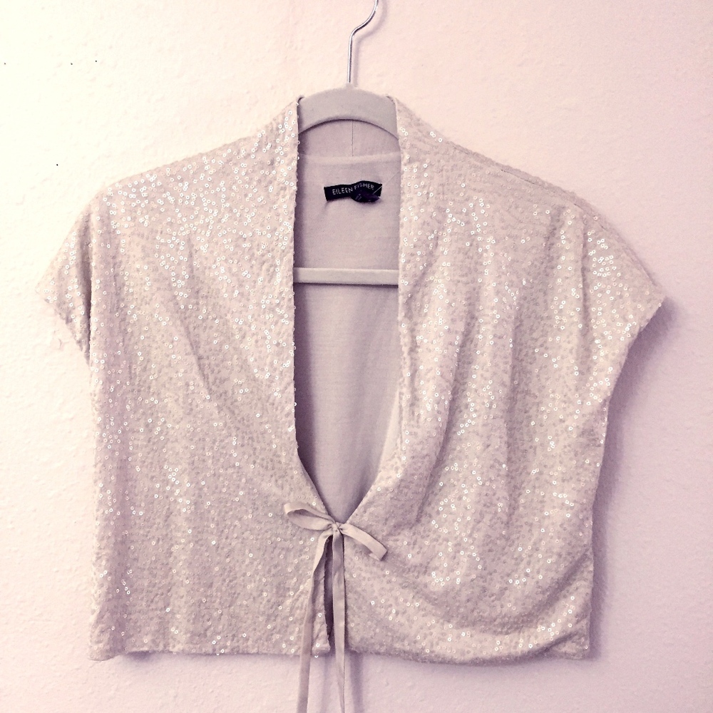Eileen Fisher Winter White Sequined Tie Jacket